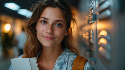 Beautiful confident female student looking at camera, hallway lockers bokeh, book in hand, aspirational mood, with copy space