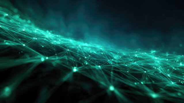 A vibrant digital network of glowing teal lines and connected nodes flowing across a dark background, symbolizing data, technology, and futuristic communication.