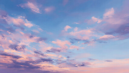 Fototapeta premium Pastel clouds drift across a serene sky, transitioning from soft blue to gentle pink and warm purple. Beautiful, tranquil, dreamy atmosphere.