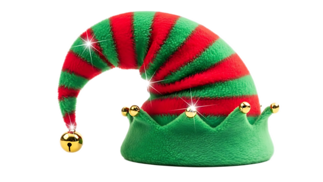 A festive elf hat with red and green stripes and a golden bell isolated on a black background