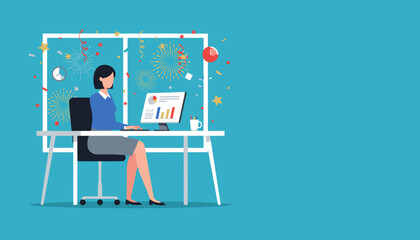 Fototapeta premium Celebrating success Businesswoman at office desk with charts fireworks showing deal completion
