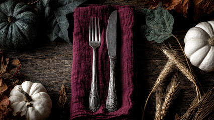 Rustic autumn dining scene featuring ornate silverware on a deep red napkin, surrounded by pumpkins, fall foliage, and wheat stalks.