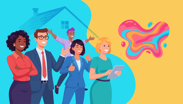 Diverse business team smiling proudly in front of a house graphic representing real estate success - Powered by Adobe