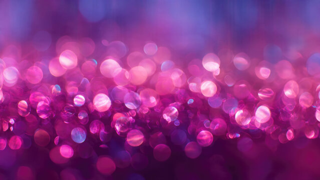 Vibrant pink and purple bokeh lights create a sparkling, festive background with numerous blurred circles of glowing light. Abstract and beautiful.