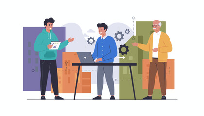 Multigenerational business team collaborating on data and strategy with technology