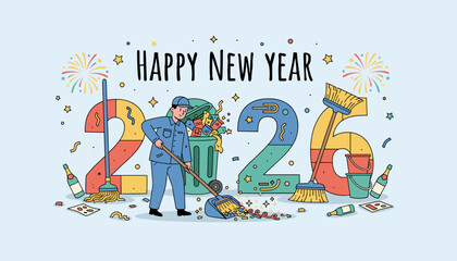 Janitor cleans up New Years Eve party mess for 2026 symbolizing a fresh start and renewal