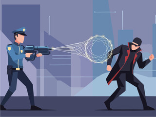 Police officer aiming weapon at a running suspect with energy sphere.