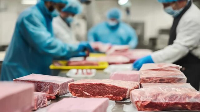 Medium shot showcasing hygienic meat packaging area with staff preparing cuts wrapped in breathable paper for sale