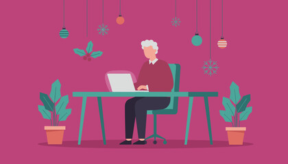 Senior man working on laptop at Christmas desk Remote holiday work and business concept illustration