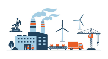 Industrial landscape illustration manufacturing oil wind energy construction and global logistics
