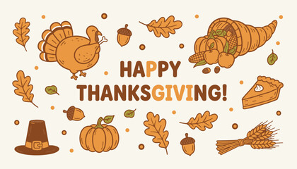 Happy Thanksgiving vector illustration with turkey cornucopia pumpkin pie and autumn harvest elements
