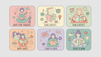 Vector grid showing personal growth journaling planning and creative selfcare habits