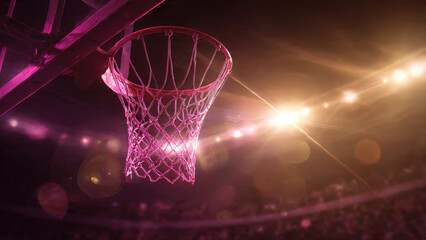 Vibrant basketball hoop under dramatic pink and orange arena lights, capturing electric atmosphere of a thrilling night game with lens flares.