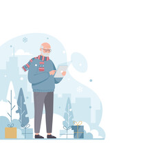 Senior man using a tablet for online holiday shopping in a winter city park with gifts and snow