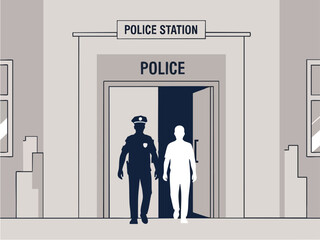 Police officer and civilian exiting police station building illustration.