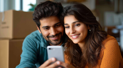 Middle Eastern mid adult couple using phone after moving, boxes in background, new home excitement, shared screen smile, with copy space