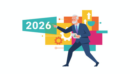 Senior executive points to 2026 visualizing corporate growth and strategic business planning