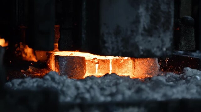 Medium shot of molten metal being heated in a furnace for annealing showing the careful temperature control process to enhance ductility of cast parts.