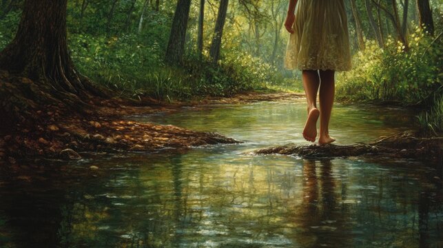 A woman stands barefoot in a quiet forest stream, symbolizing a deep connection to nature.