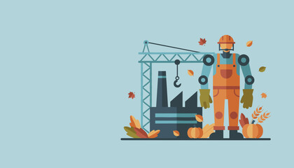 Fototapeta premium AI robot in work clothes by factory site featuring crane pumpkins and autumn leaves