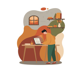 Developer standing coding on a laptop in a cozy autumnal home office Remote work concept