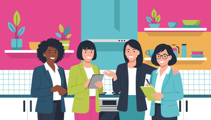 Diverse businesswomen team collaborating in a bright modern kitchen Female leadership