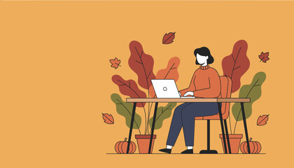 Remote work concept Woman using laptop in an autumnal workspace illustration