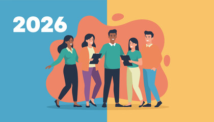 A diverse business team collaborating on future plans for the year 2026