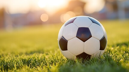 Soccer ball is sitting on a green field. The ball is white and black