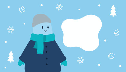 Cheerful winter character wearing a coat and scarf with a blank speech bubble for copy space