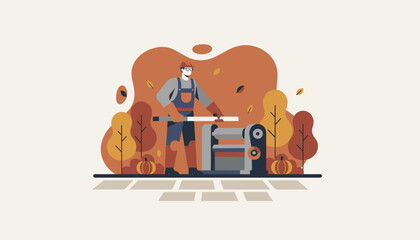 Industrial worker operating a machine press outdoors during autumn Manufacturing labor concept