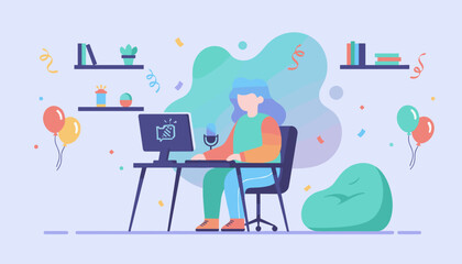 Remote work celebration Person podcasting or streaming from a fun home office
