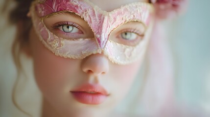 Woman wearing a pink mask with gold trim. She has green eyes and a pinkish face
