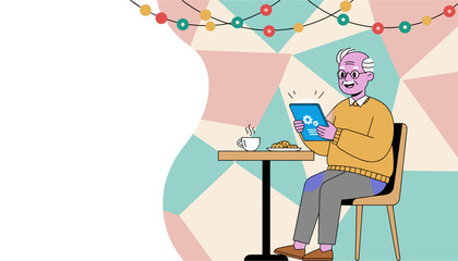 Happy senior man using tablet settings at a cozy table with coffee and cookies