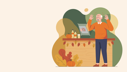 Surprised senior man reacting with shock to news displayed on a tablet in an autumn decorated home