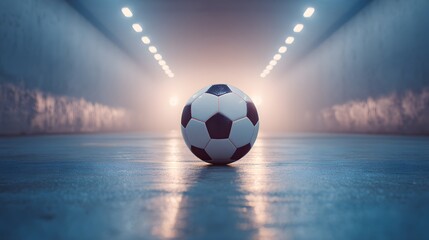 Soccer ball is sitting on a wet floor in a tunnel. The ball is white and red, and it is the only object in the image. Scene is somewhat eerie, as the ball is alone in the dark tunnel