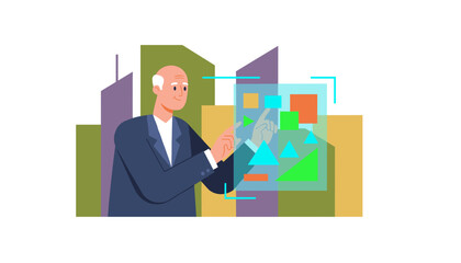 Elderly businessman analyzing virtual data display in a modern corporate setting