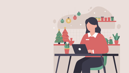 Woman working remotely on a laptop in a festive home office decorated for Christmas and the holidays