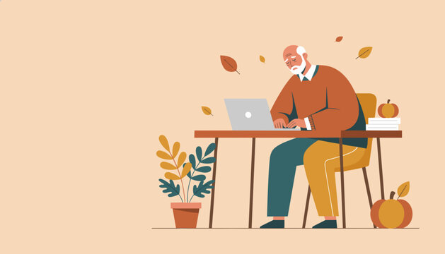 Senior man uses laptop at desk embracing technology and remote work in an autumnal setting