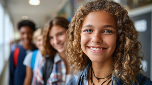 Portrait of happy smiling multiethnic classmates at high school, hallway group shot, backpacks and energy, youth diversity, with copy space - Powered by Adobe
