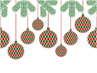 seamless border with hanging christmas balls and spruce twigs isolated on white background