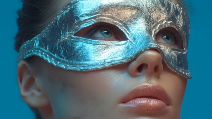 Woman is wearing a silver mask with a blue eye. The mask is shiny and has a metallic texture. The woman's eyes are closed, giving her a mysterious and alluring appearance