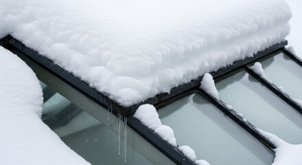 Snow on skylight frame with thick white blanket covering the glass and melting edges. Winterly scene includes heavy accumulation on home addition skylight, creating a serene atmosphere.