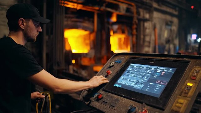 Medium shot of a technician adjusting alloy composition on a digital console during realtime monitoring in an industrial foundry environment.