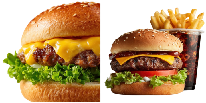 Burger cheese fries fast food delicious meal set