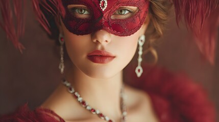 Woman wearing a red mask and red clothing. She has a red scarf around her neck
