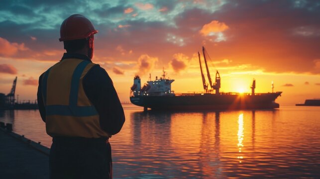 A worker observes a cargo ship at sunset, highlighting industry and maritime activities
