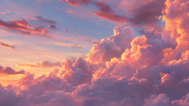 A majestic canvas of fluffy clouds fills the expansive sky, glowing with warm, ethereal pink, orange, and purple light.