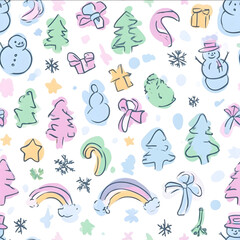 Naklejka premium A seamless pattern of cute doodle Christmas symbols including snowmen and trees in pastel colors on a white background The design incorporates playful rainbow hues with soft gradients