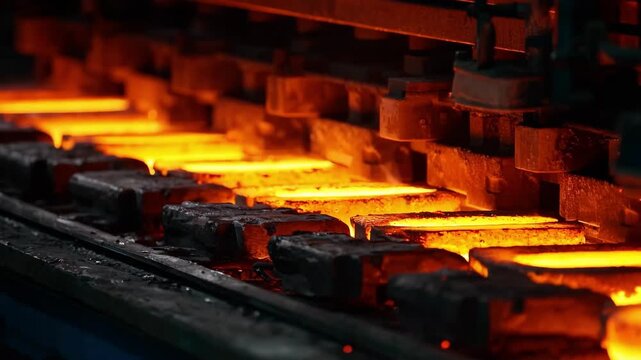 Medium shot of continuous ingot casting with hot metal solidifying as it moves through a production line highlighting the seamless and automated manufacturing technique.